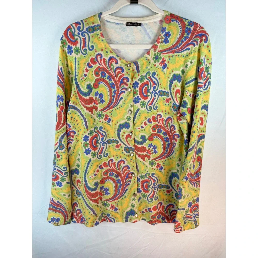J.McLaughlin Womens Paisley Floral Cardigan Sweater Yellow Green Multi Size L